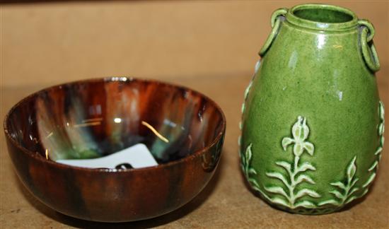 Rye miniature green vase and a tortoiseshell pattern bowl